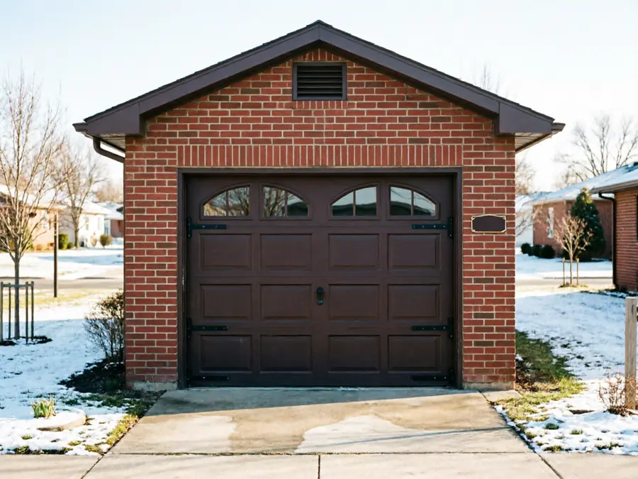 A brown garage door with arched windows on a brick garage.