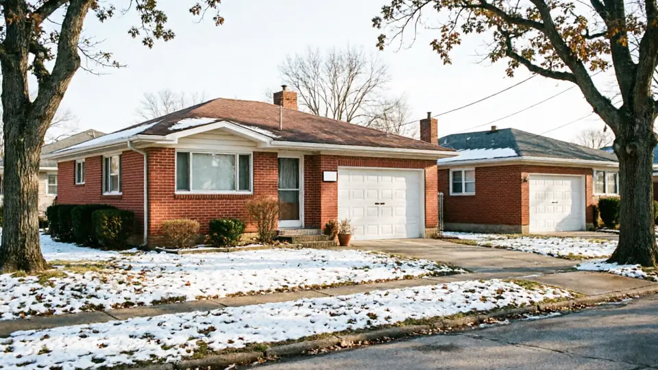 A brick house with a white garage door and snow on the ground.