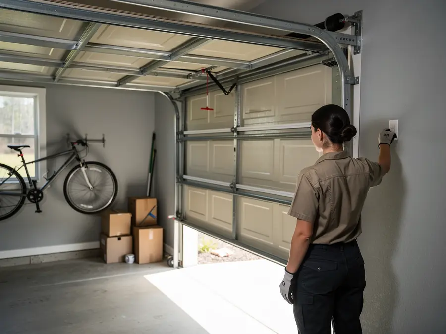 A technician in a garage presses a button to open a beige garage door.