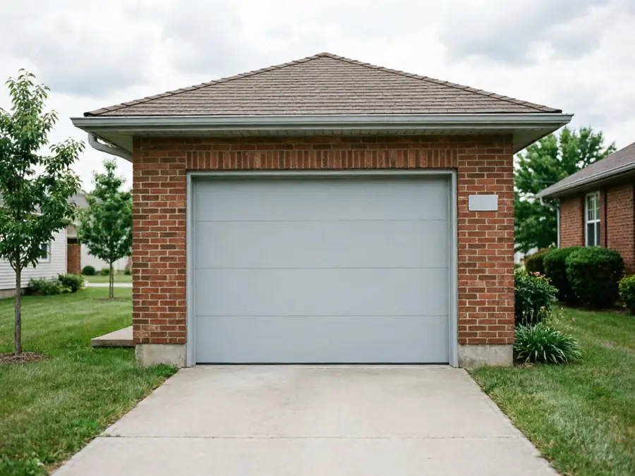 A light gray garage door is in a brick garage with a brown roof.